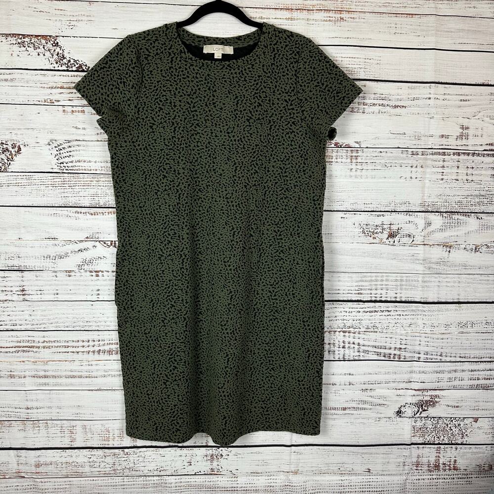 Womens Ann Taylor LOFT Olive Green Black Knit Short Sleeve Shift Dress Pockets L